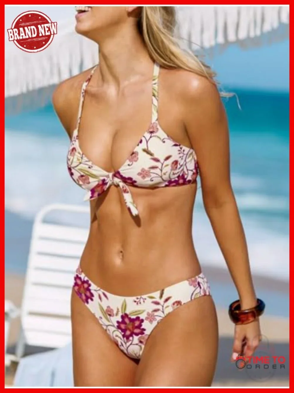 Two Piece Bikini Set Floral Print Knot Tie Adjustable Straps Removable Pads